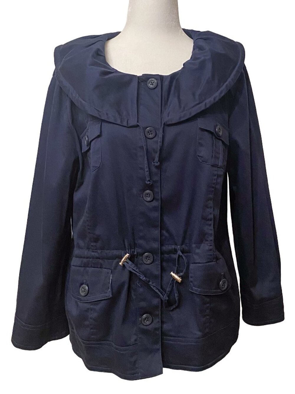 SANDRO Sportswear Navy Blue Oversized Ruffle Collar Utility Jacket - Size L